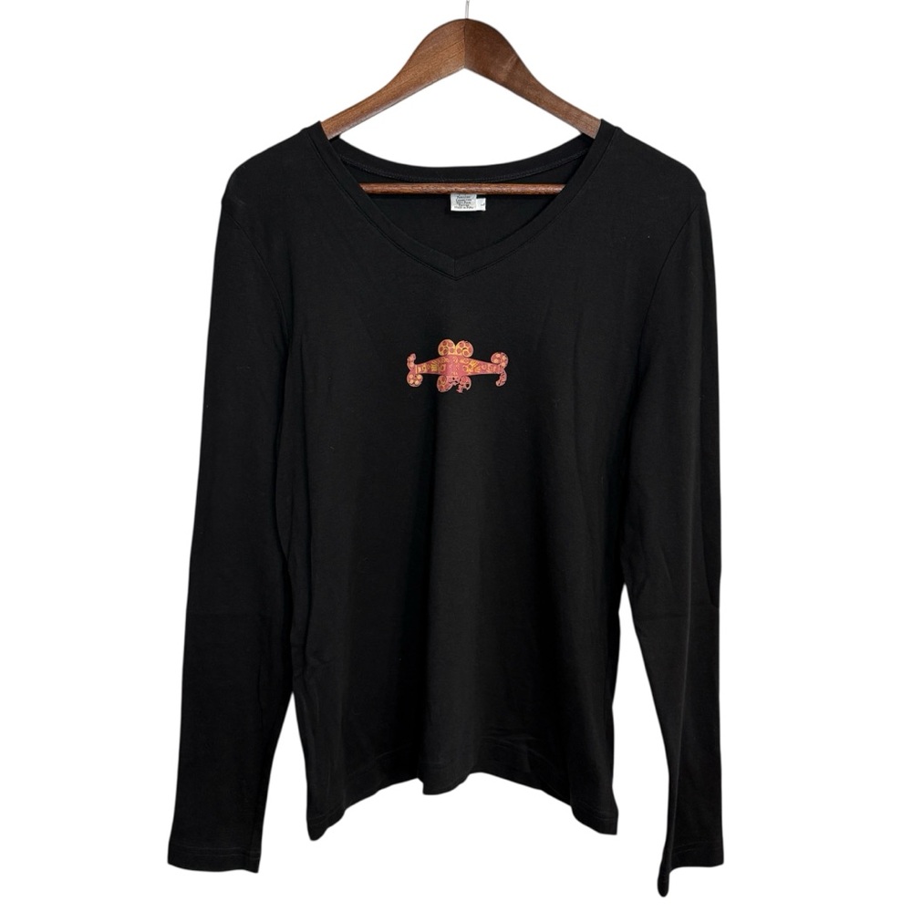 Peruvian‎ Connection top women's large black logo pima cotton long sleeve casual